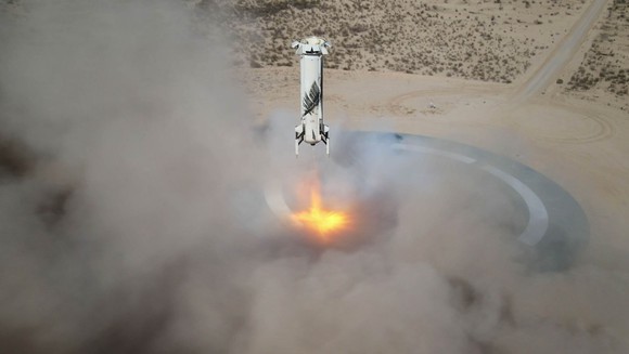 Aerial view of a Blue Origin rocket landing.