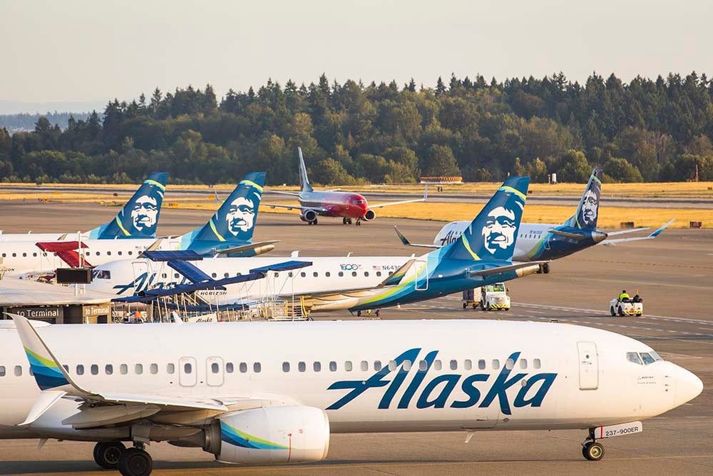 Several Alaska Airlines planes parked on the tarmac