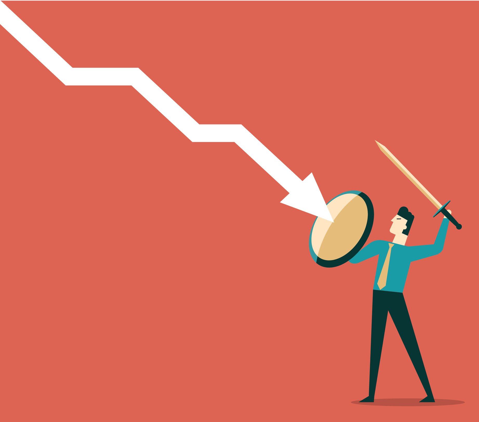 Man with sword and shield defending market crash.