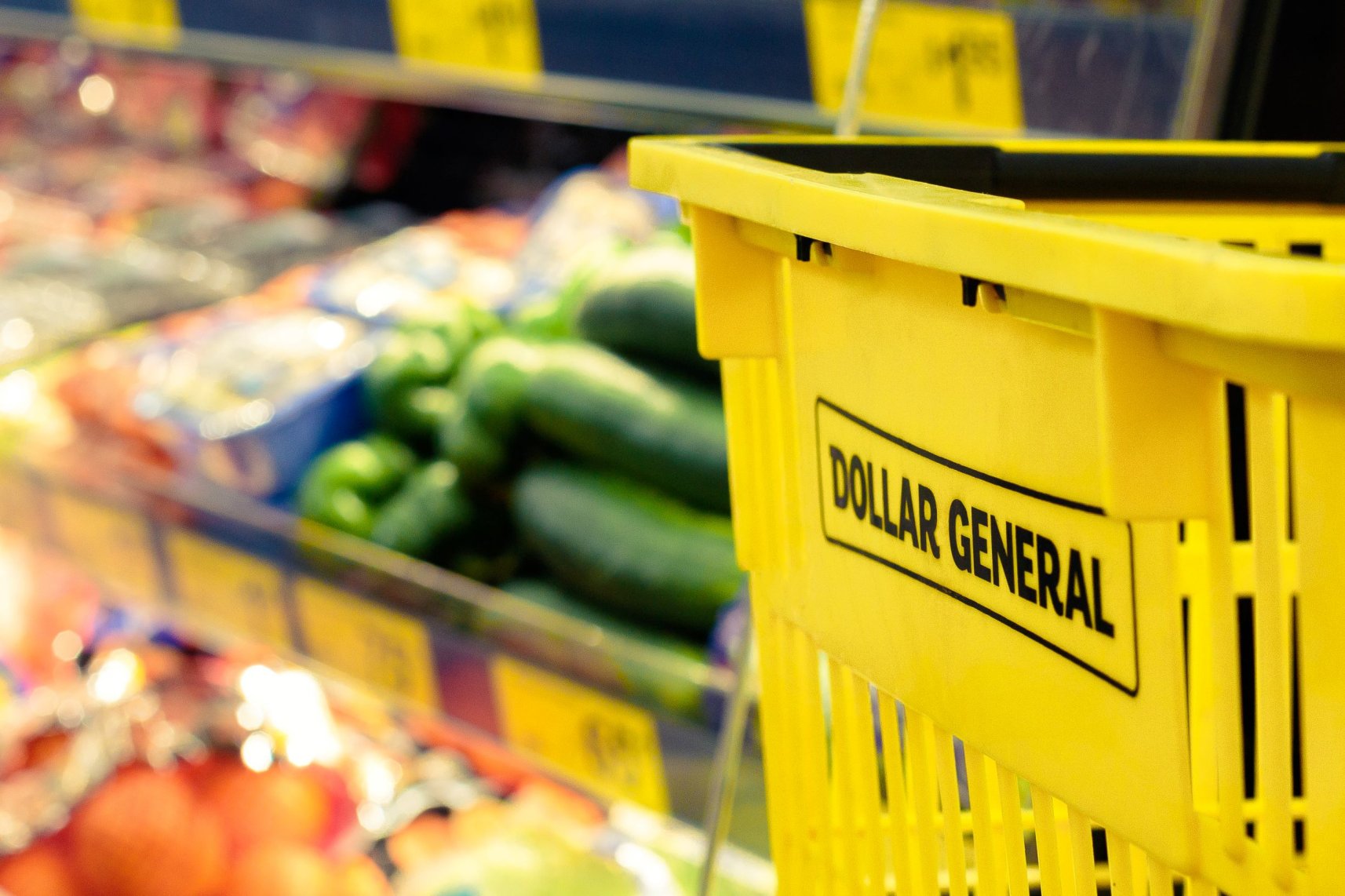 A Dollar General shopping basket held by customer looking at fresh produce.