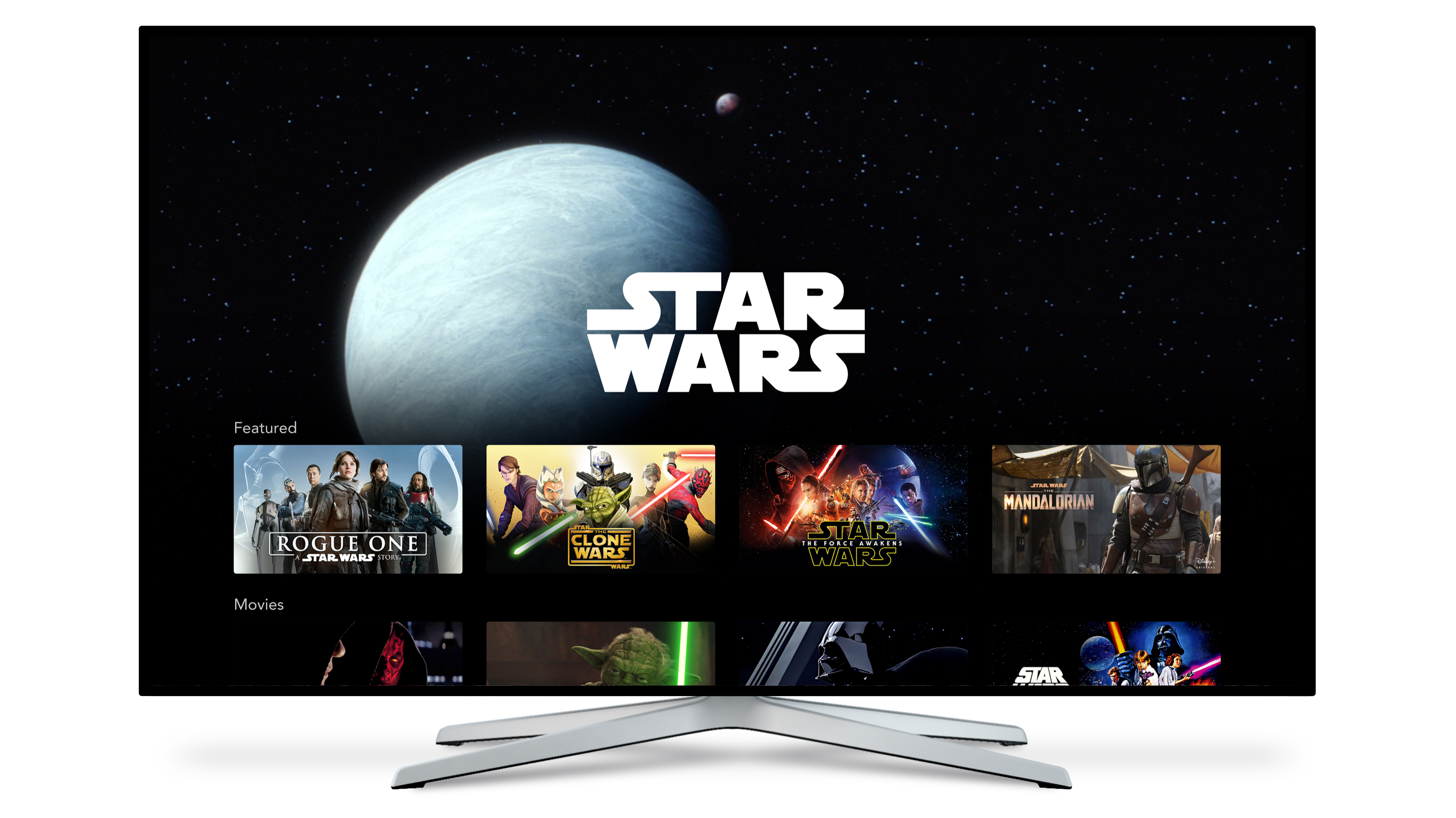 A TV screen displaying Disney+ Star Wars content.