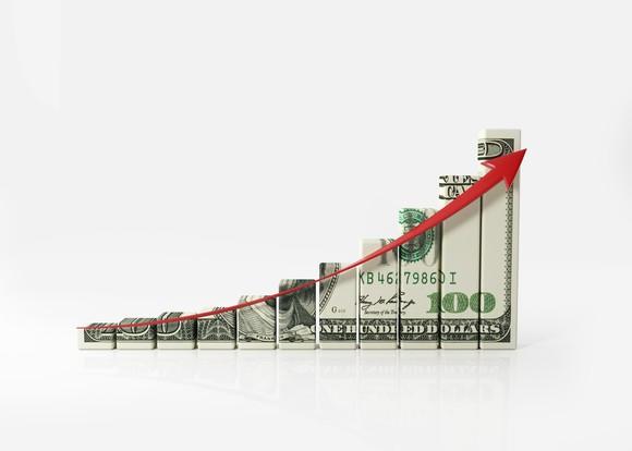 A red line with arrow trending up with bar chart revealing part of a $100 bill in the background.