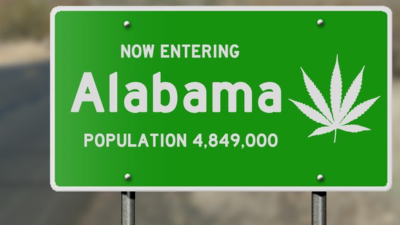 Alabama road sign with marijuana leaf.