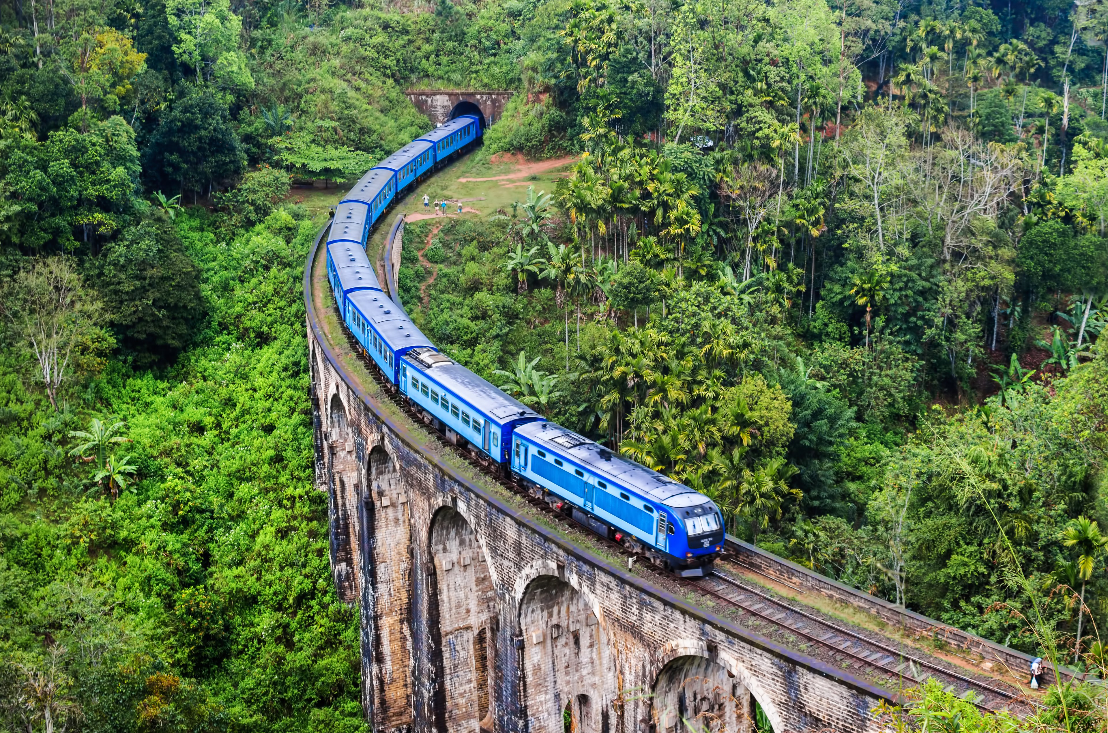 A train on a viaduct.
