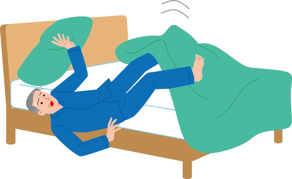 Cartoon man in pajamas falls out of bed