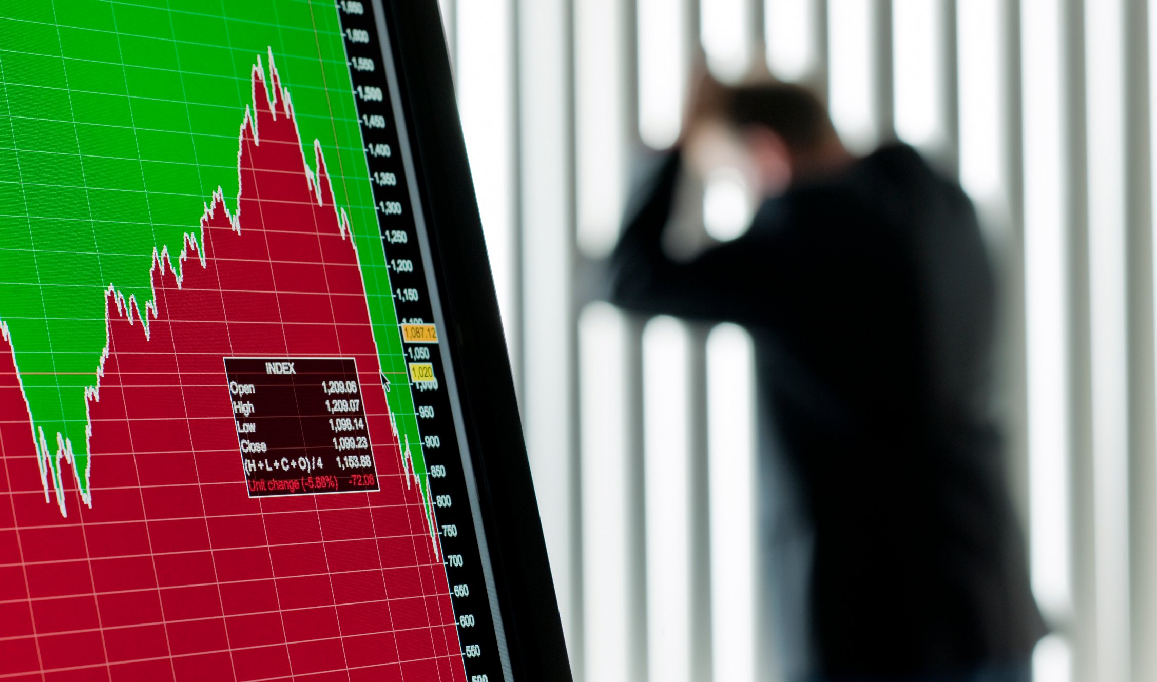 A man in the background in an office holding his head. A computer screen in the foreground showing a steep decline in a stock chart.