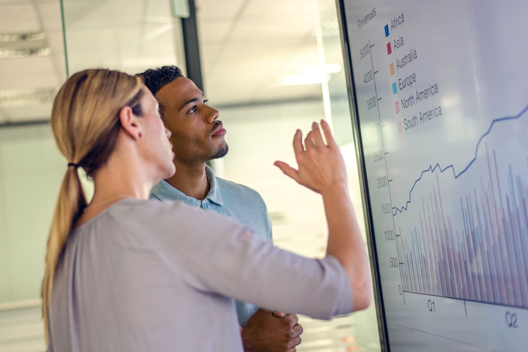 Two people discuss financial results displayed on a screen.