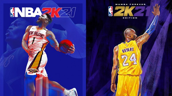 Two NBA basketball players in action with the NBA 2K21 logo displayed above them. 
