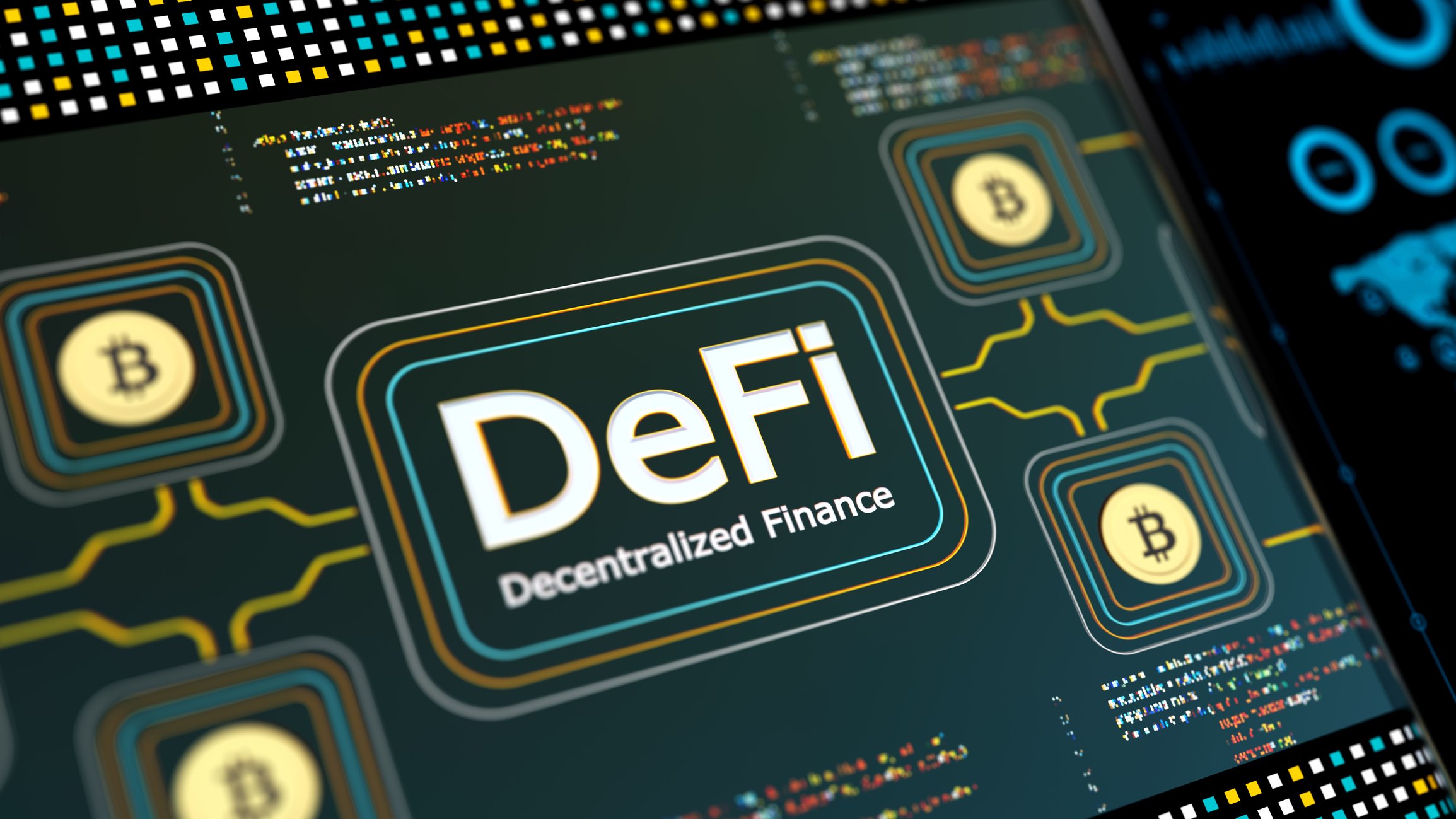 Screen bearing the words: DeFi Decentralized Finance, surrounded by Bitcoin logos.