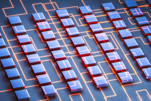 Picture of digital square chip-like items linked together by digital lines.
