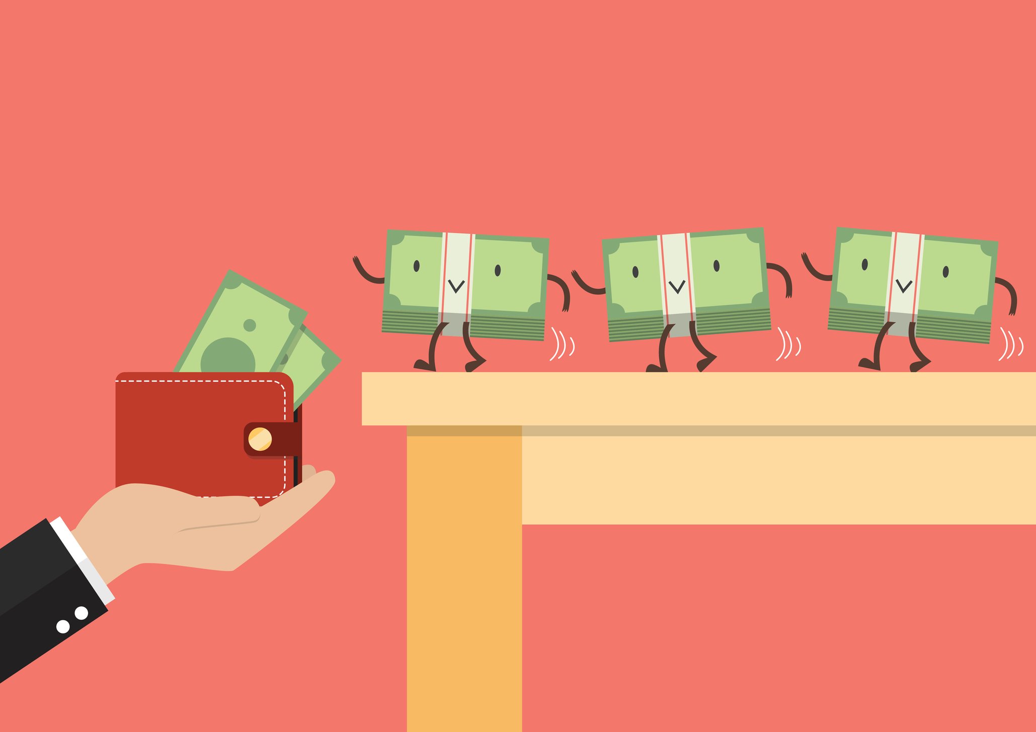 Money walking into wallet.