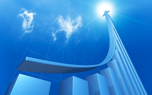 Bar chart with arrow exponentially rising to the sky representing stocks shooting up.