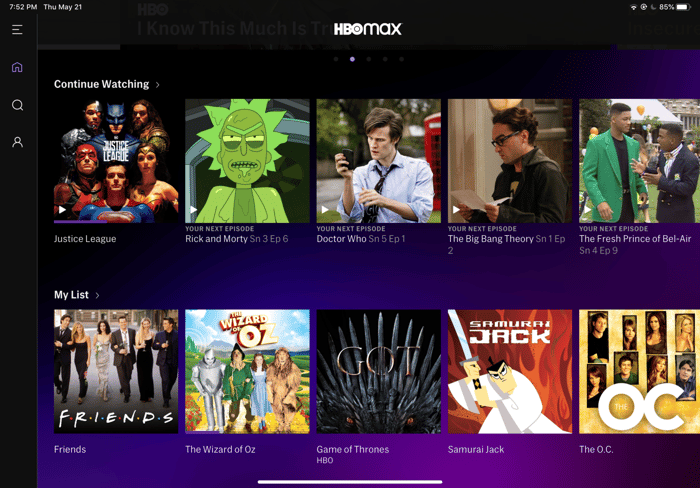 HBO Max home screen displayed on an iPad.