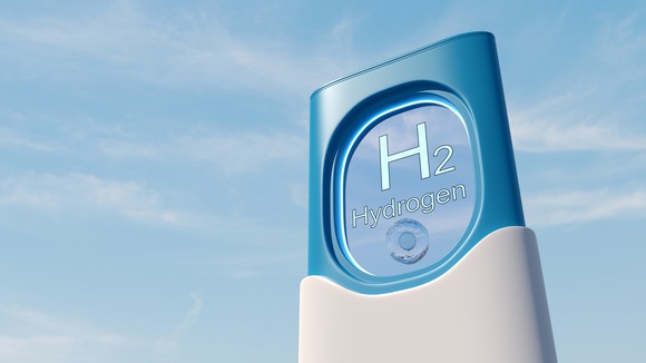 Sign showing H2 Hydrogen for hydrogen fuel.