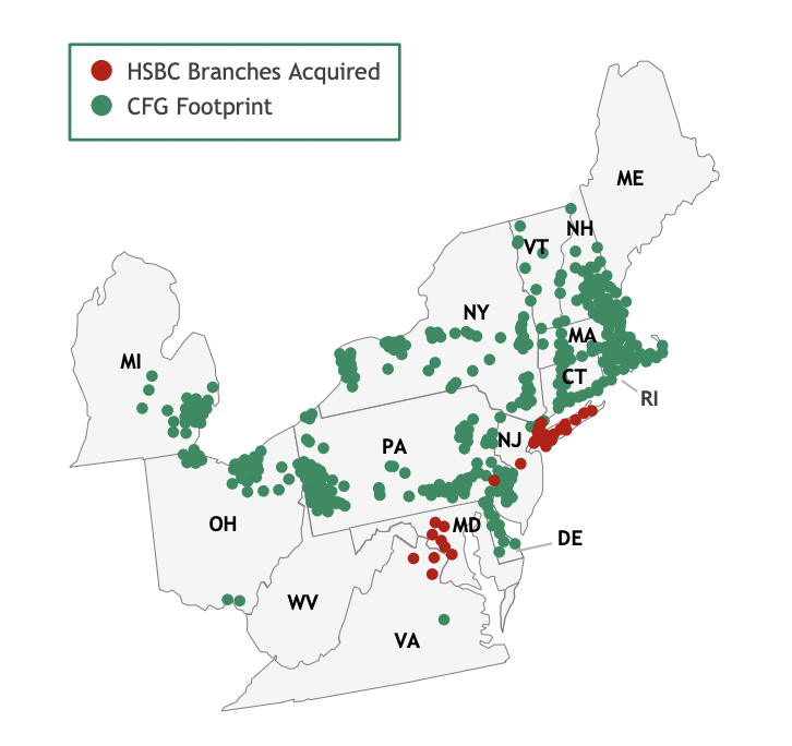 Branch map of Citizens Financial and HSBC branches.