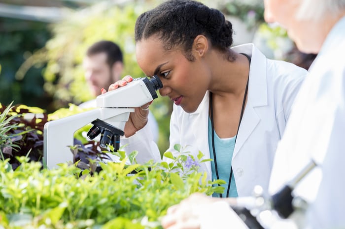 A person using a microscope in a greenhouse.