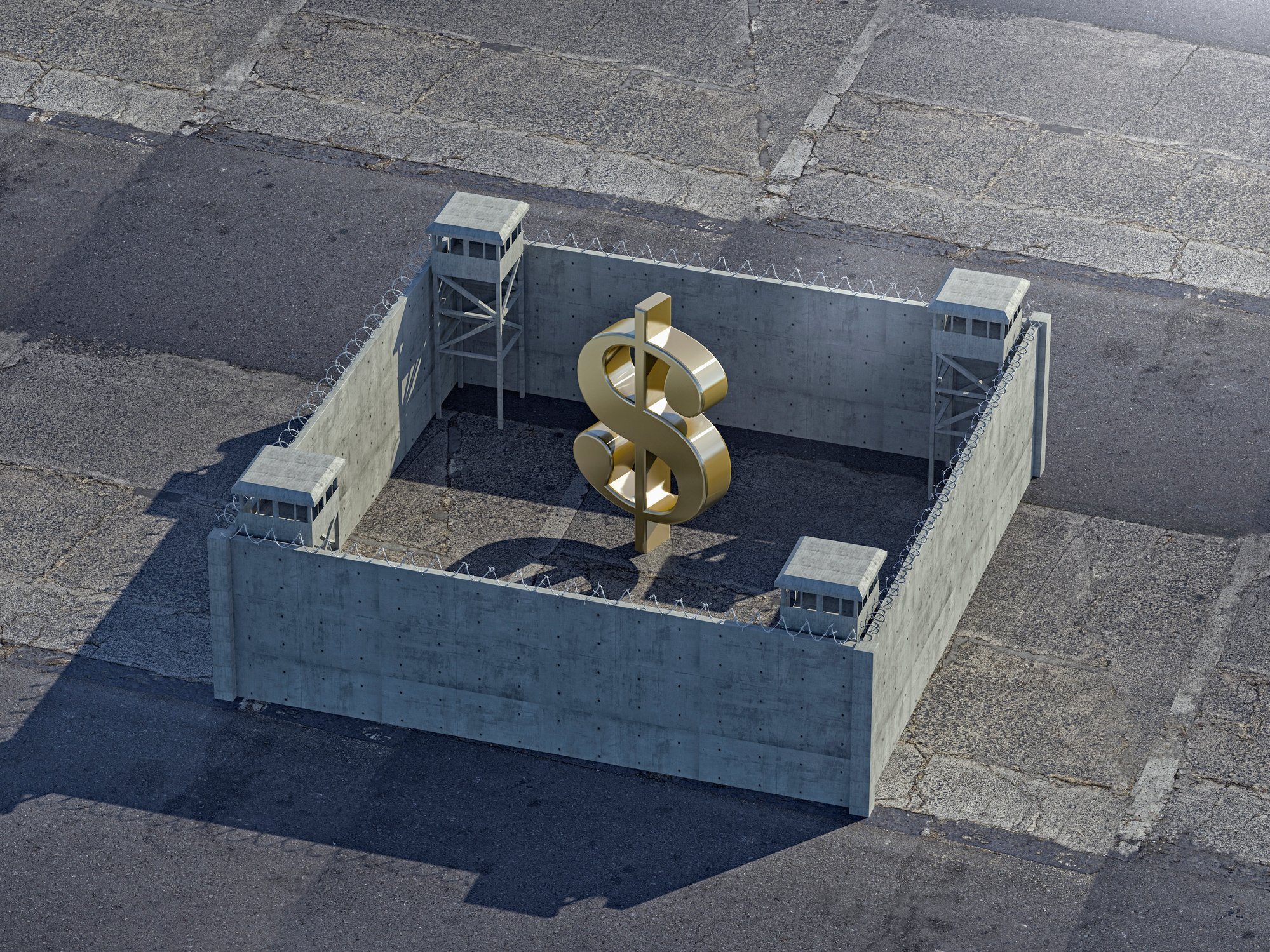 A dollar sign inside of a fortress.