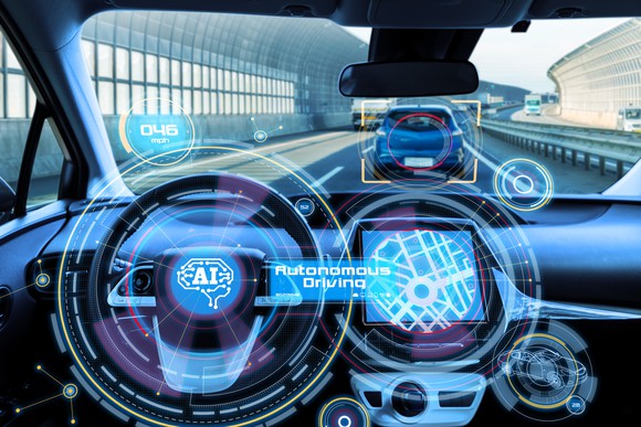 Inside of a driverless vehicle with artificial intelligence icons.