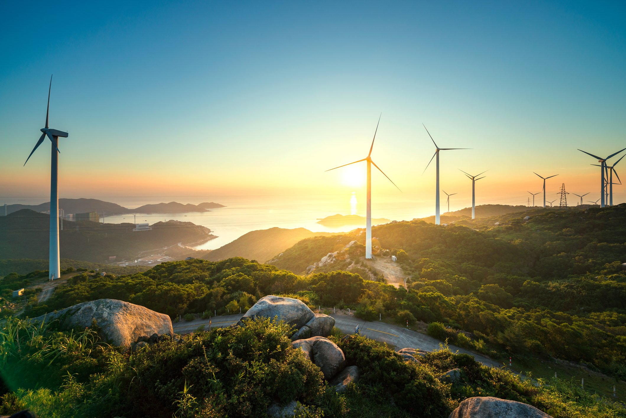 Wind farm on a hilly, coastal terrain. 