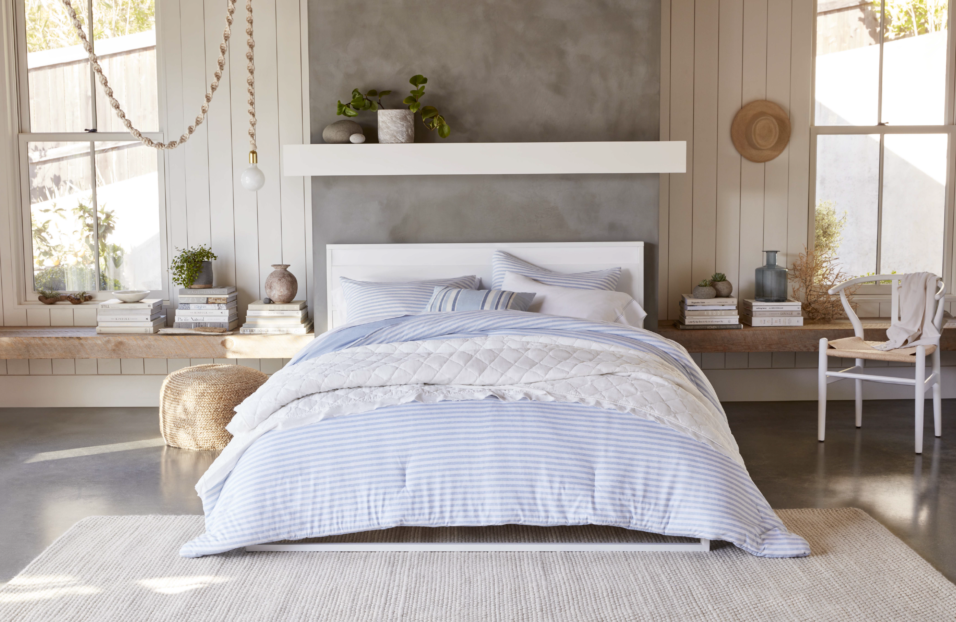 Products from the GAP Home collection are shown in a mockup bedroom. The products are available from Walmart.