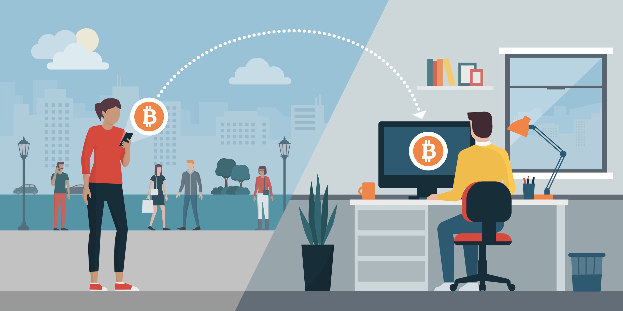 A woman transfers Bitcoin from a phone to a man on a PC.