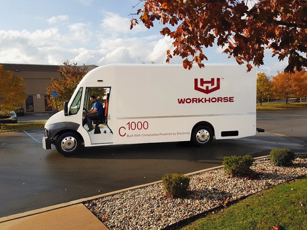 white Workhorse C-1000 electric cargo delivery van.