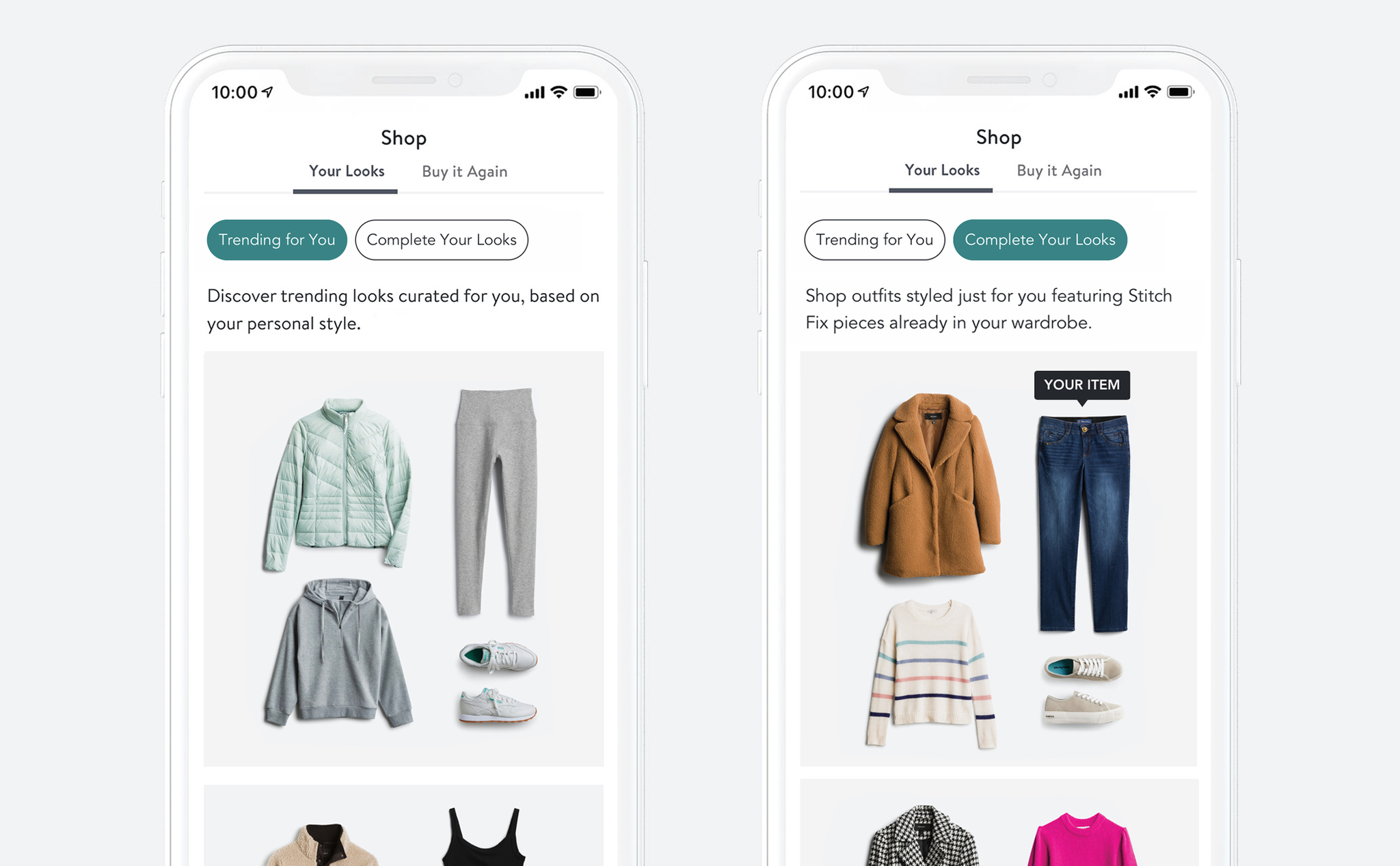Two mobile phone screens displaying clothing selections from Stitch Fix.