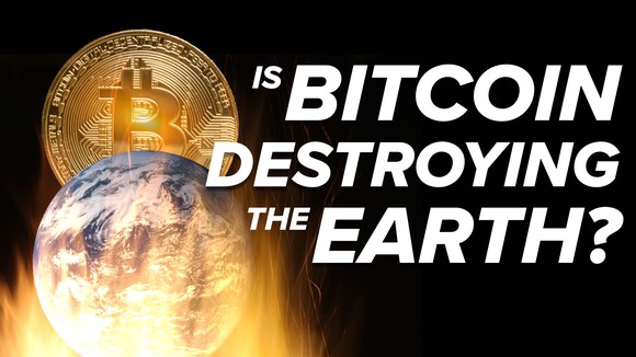 A giant Bitcoin looms over an Earth engulfed in flames, with the words, Is Bitcoin Destroying the Earth.