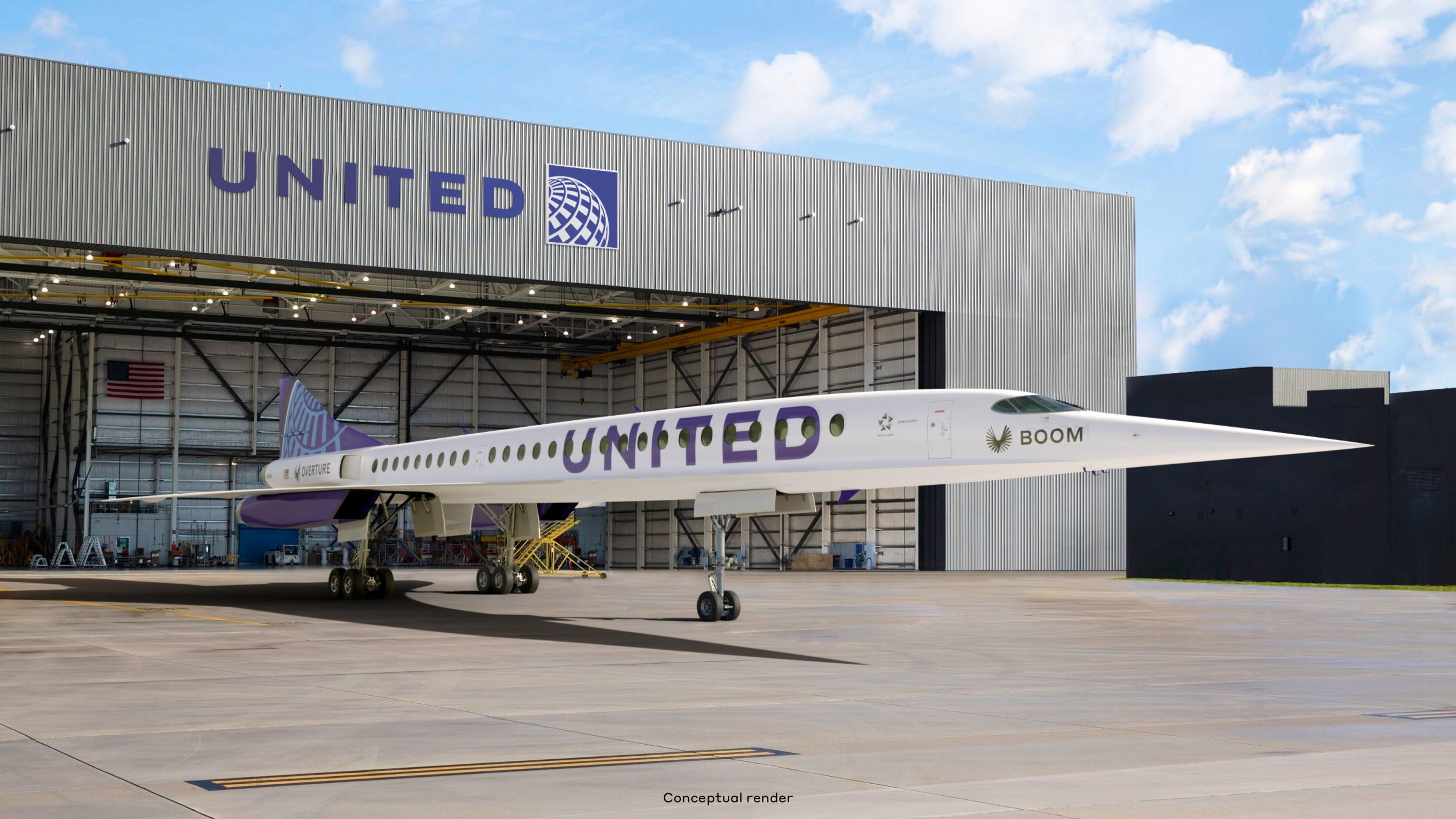 rendering of Boom Supersonic's Overture aircraft for United Airlines fleet.