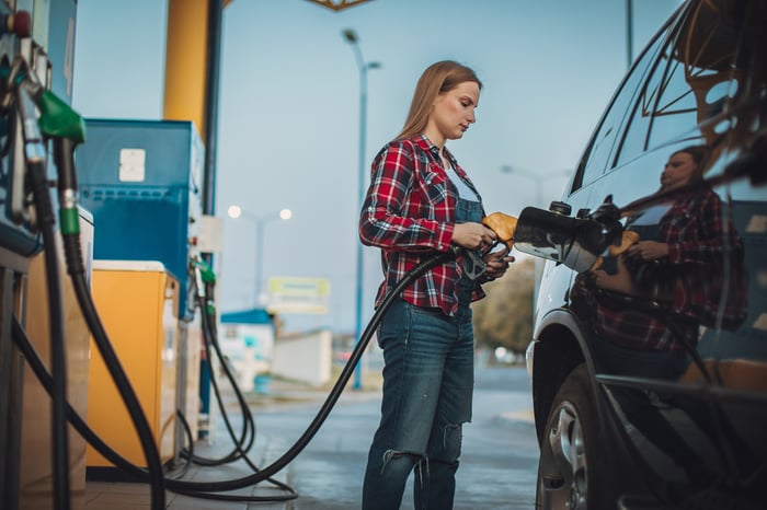 A person filling up their car's gas tank at a gas station.