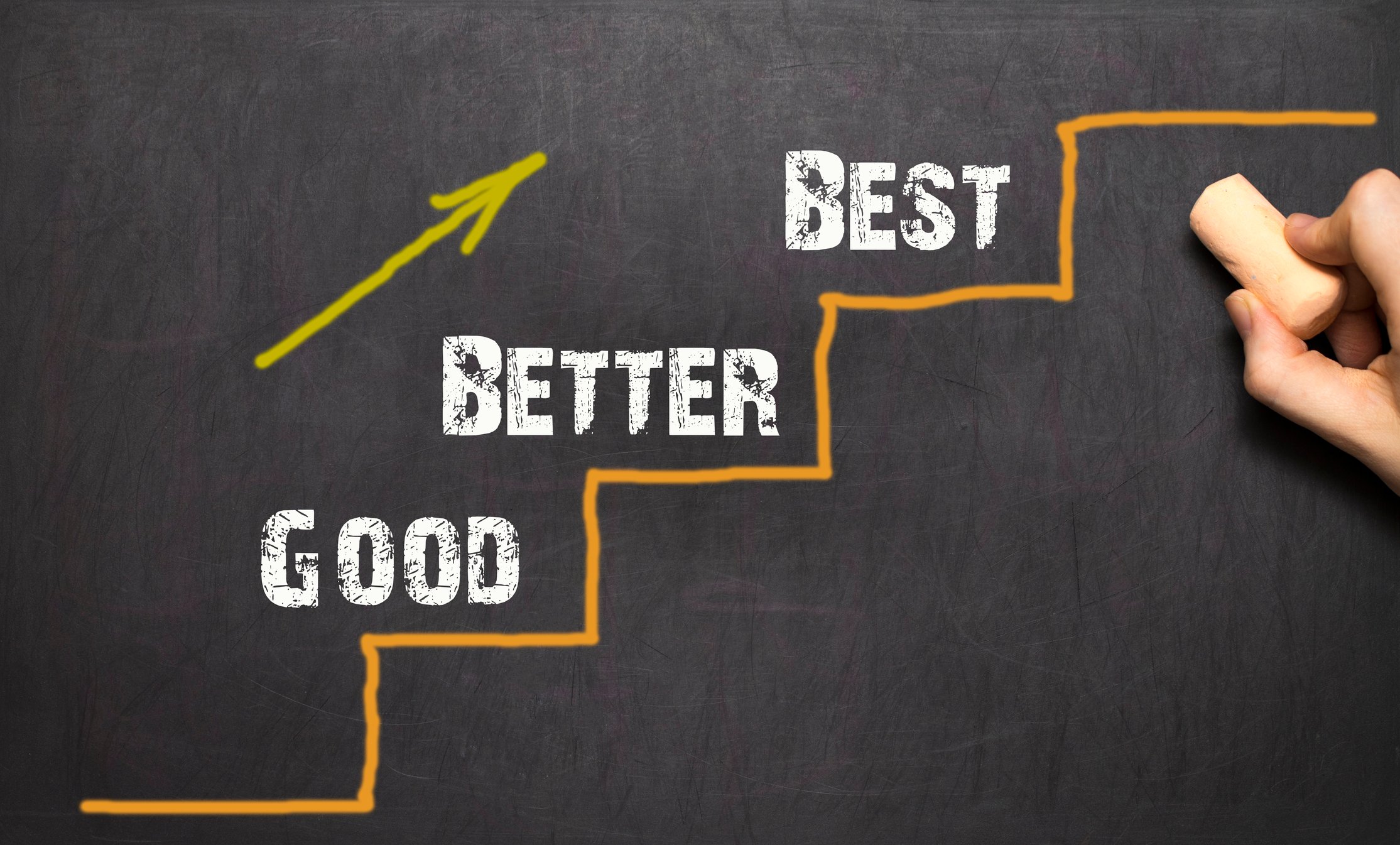 Good, better, and best are written on steps drawn on a blackboard, with an arrow pointing up.