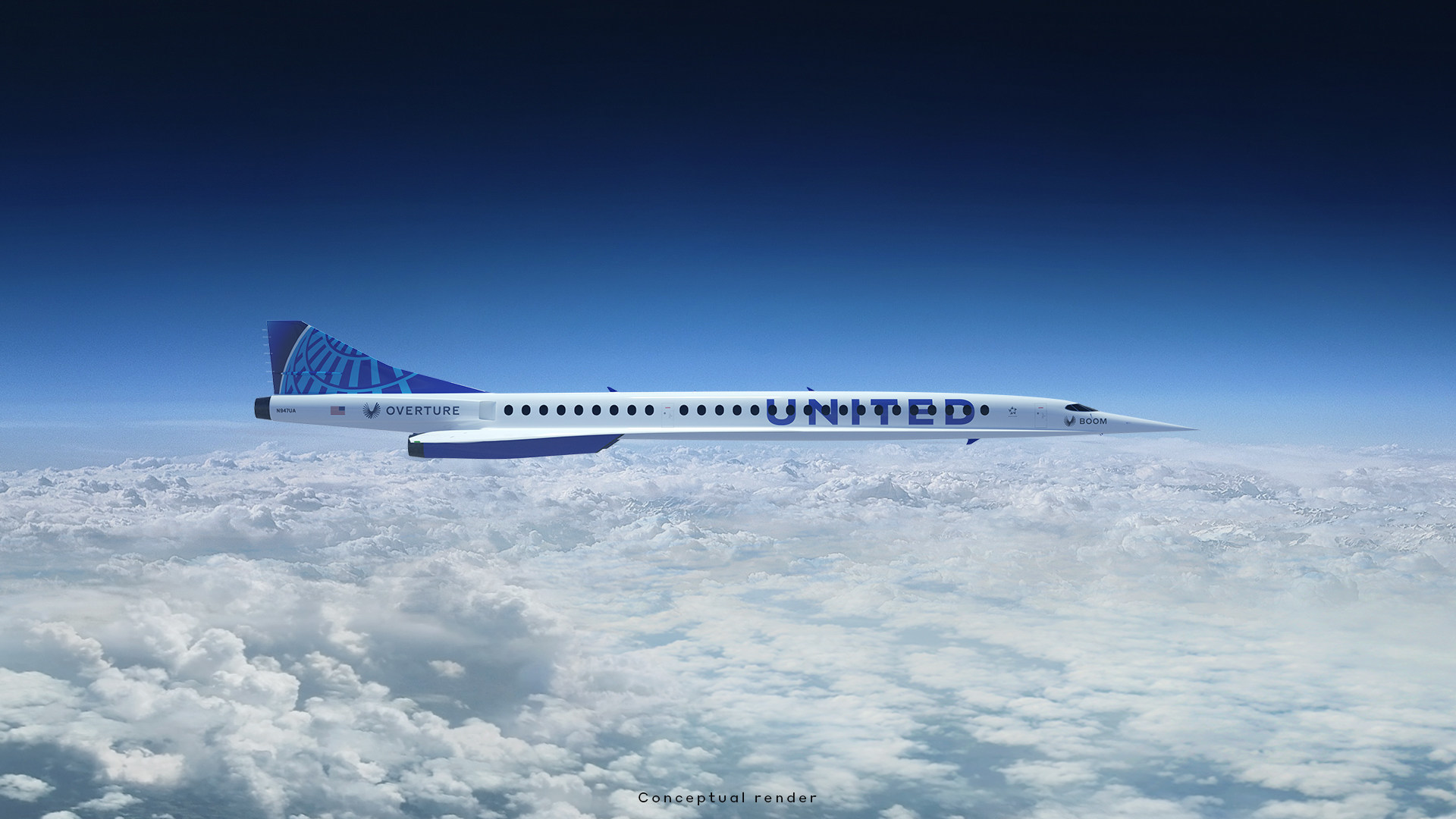 A rendering of a Boom Overture in the United Airlines livery flying over clouds.