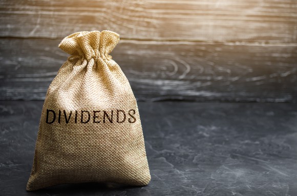 Burlap bag with the word dividends written on it. 