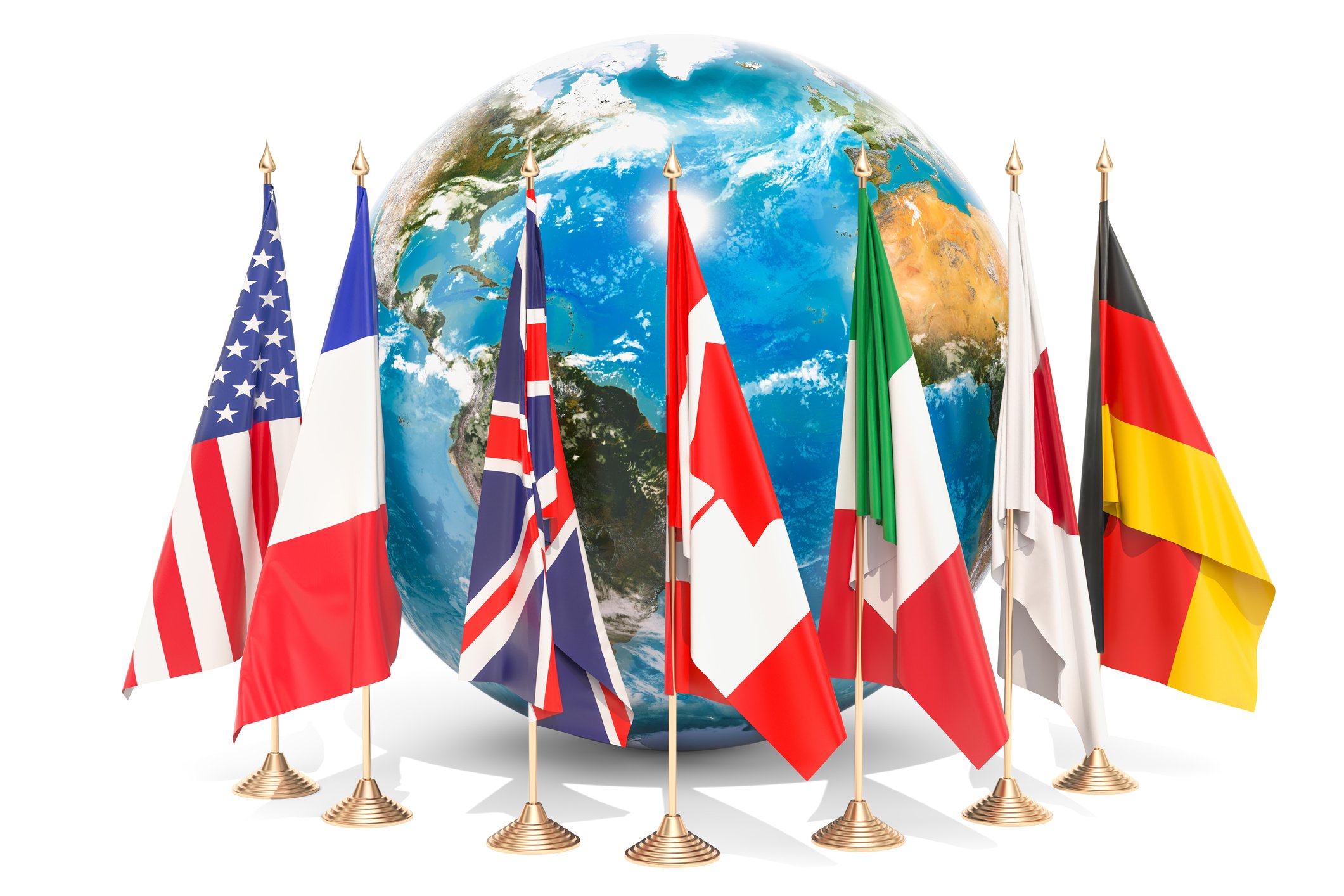 The flags of the G7 countries in front of a globe.