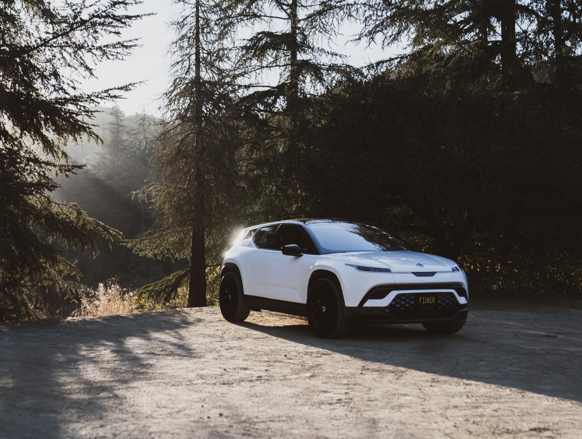 A Fisker Ocean EV parked in a clearing in a forest.