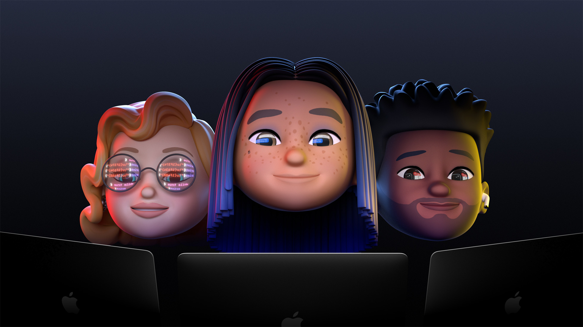 Three cartoon-like people looking at laptops.