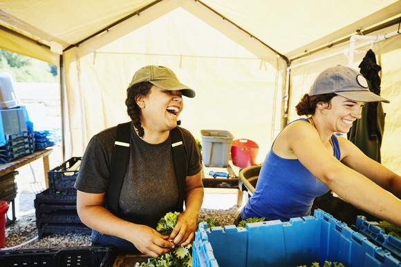 Two farmers laugh as they process plants in a greenhouse.