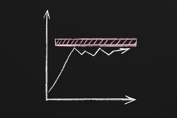 A line graph on a chalkboard, with a rising arrow bumping into a ceiling.