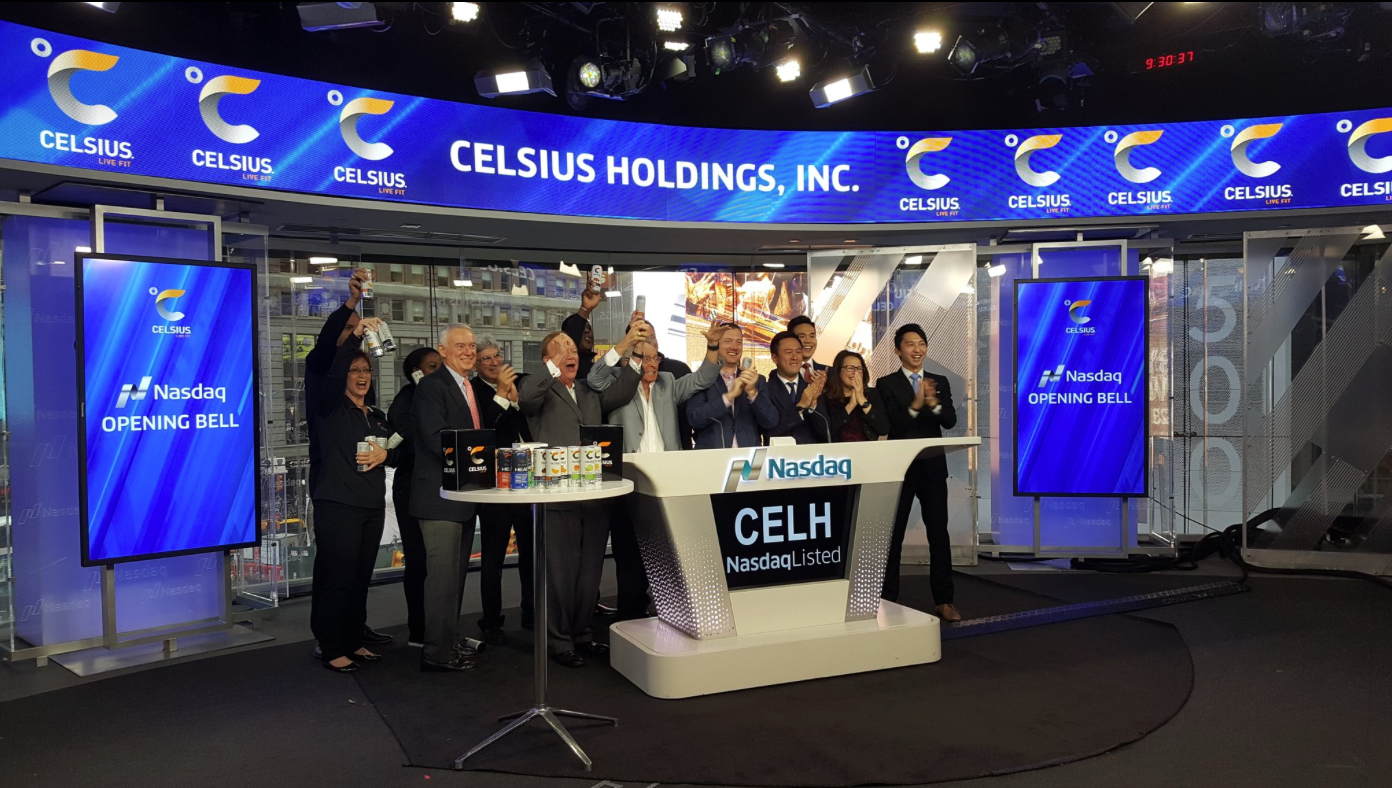 representatives of Celcius Holdings participate in the opening bell ceremonies for the Nasdaq stock exchange in New York in 2017
