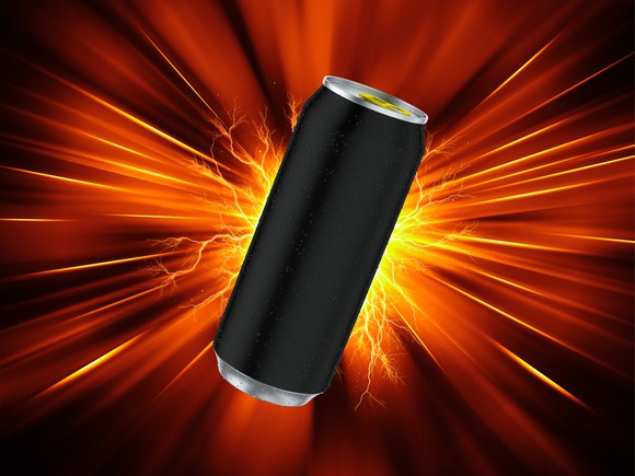A generic black energy drink can with a red 'explosion' background.