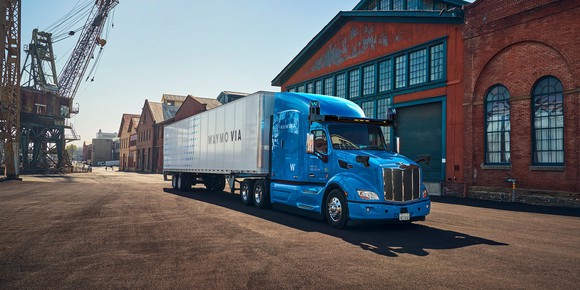 A Waymo truck situated in front of a building.