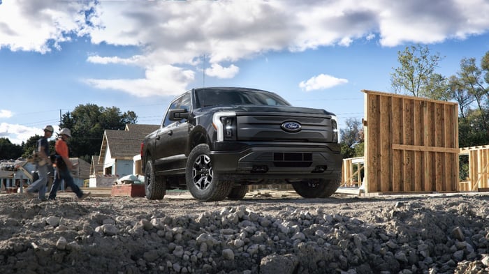 The Ford F-150 Lightning on a job site.