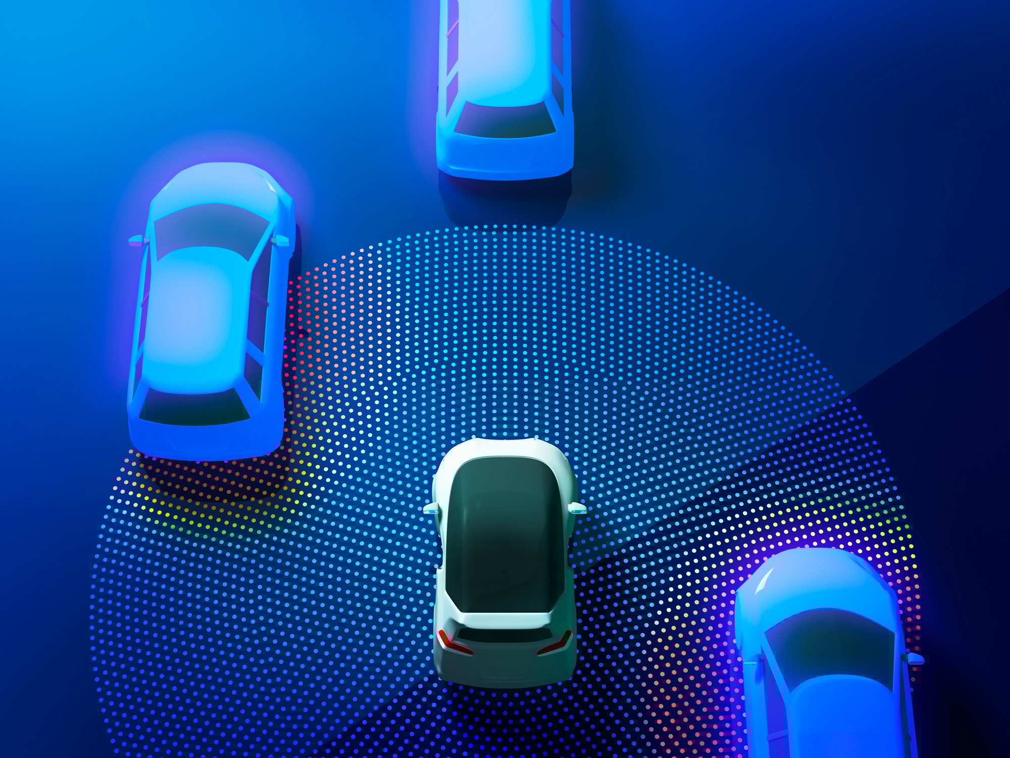 Illustration of an autonomous vehicle sensing cars on the road. 