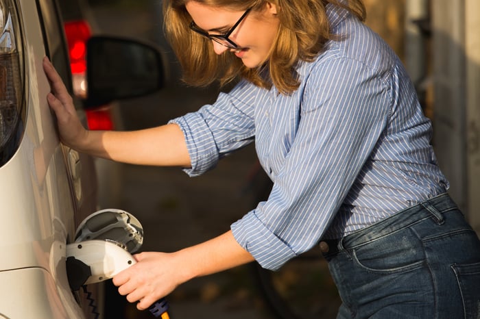 Woman charging an electric car.