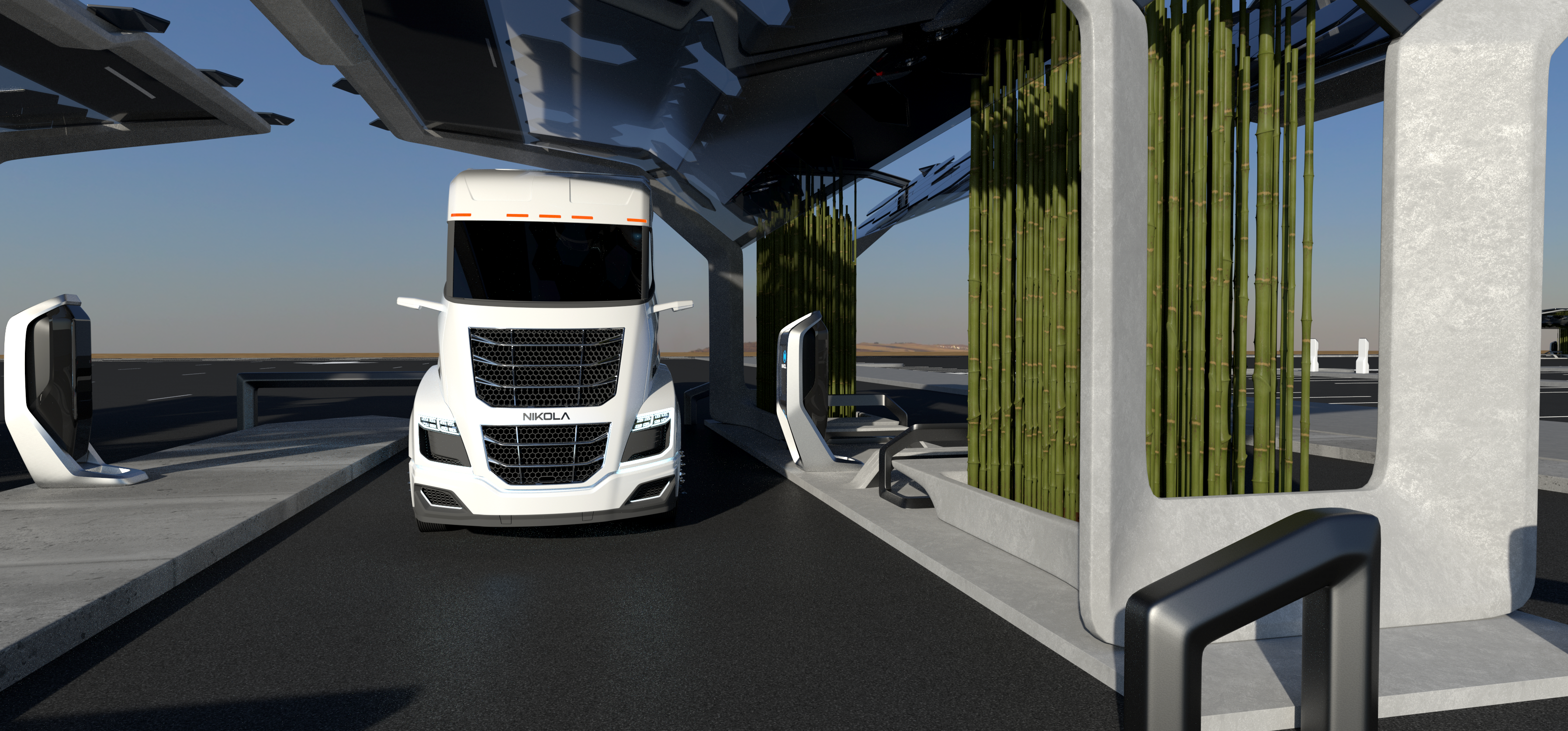 A Nikola semitruck at a hydrogen fueling station. 