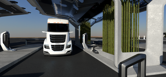 A Nikola semitruck at a hydrogen fueling station. 