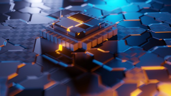 A digital illustration of a glowing semiconductor.