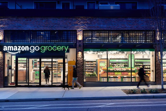 The exterior of an Amazon Fresh Grocery store.