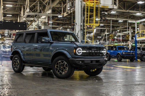 A blue four-door Ford Bronco, an off-road SUV, at Ford's Michigan Assembly Plant near Detroit. 