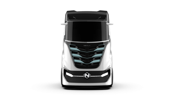 Front view of Nikola Tre electric semitruck.